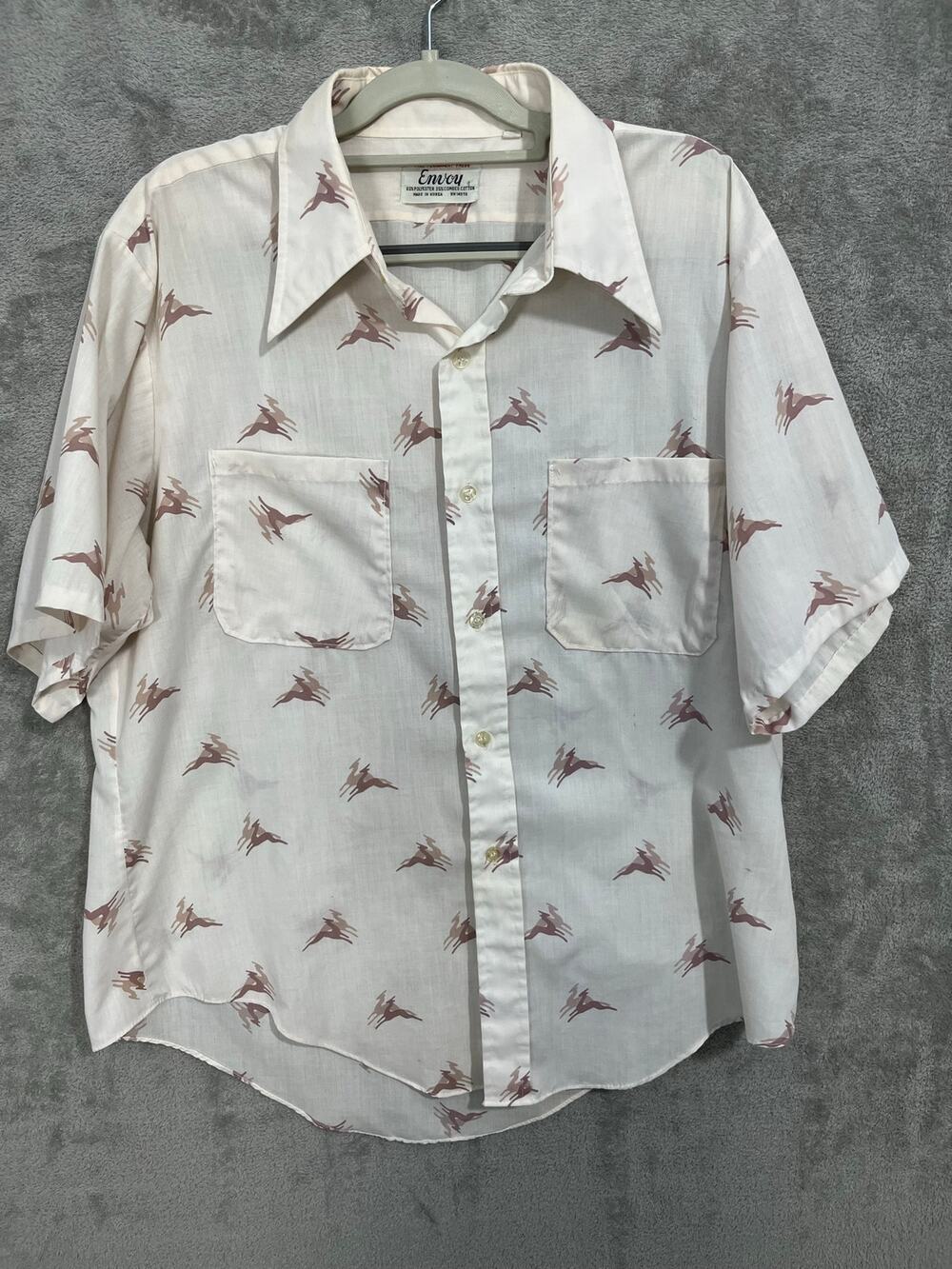 VTG Envoy Mens Shirt Large 70s Running Deer Print Dagger Collar Korean Disco
